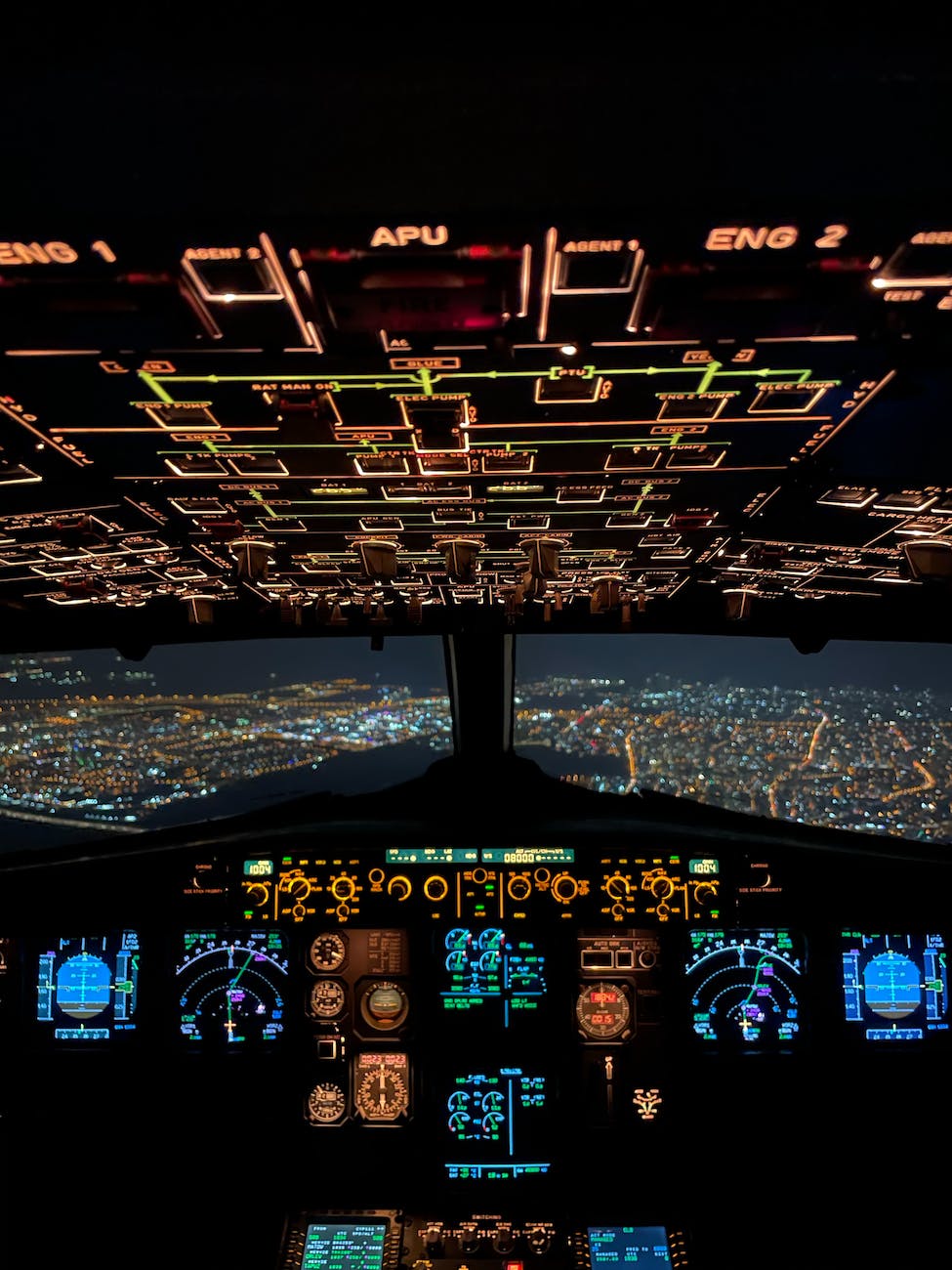 backlit instrument panel of an airplane cockpit